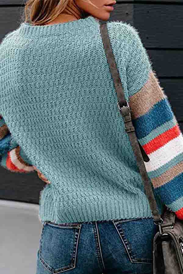 Casual Striped Block Pullover Sweater Blue