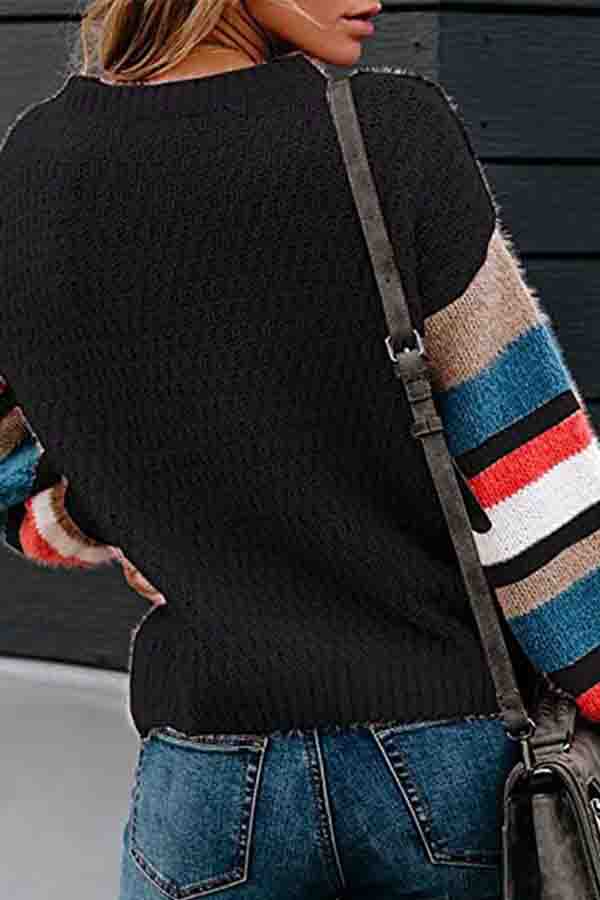 Loose Long Sleeve Color Block Pullover Sweater Black