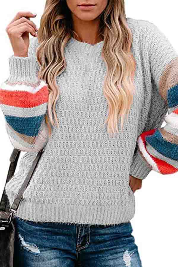 Drop Shoulder Striped Block Oversized Sweater Gray