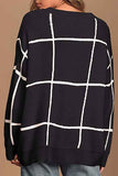 Crew Neck Long Sleeve Checkered Sweater Black