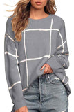 Casual Drop Shoulder Knit Plaid Sweater Gray