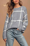 Casual Drop Shoulder Knit Plaid Sweater Gray