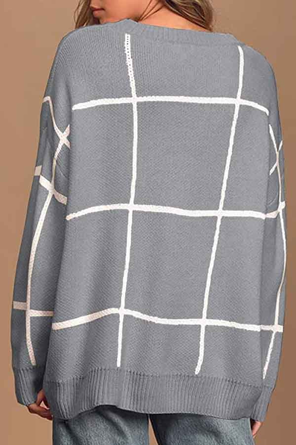Casual Drop Shoulder Knit Plaid Sweater Gray