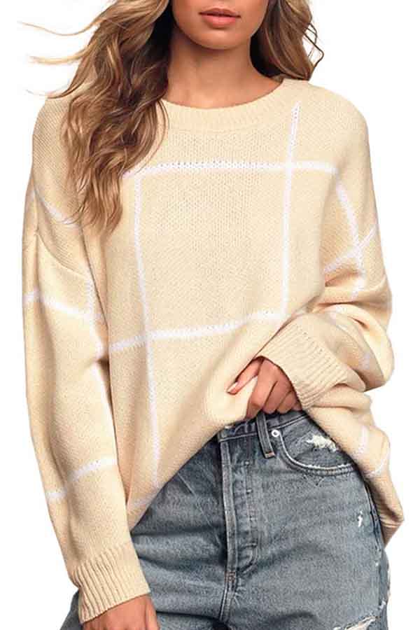 Drop Shoulder Plaid Oversized Sweater Khaki