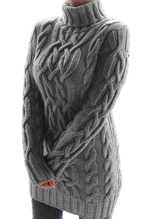 Solid Turtleneck Chunky Knit Sweater Dress Dark Grey