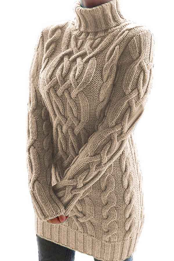 Cable Knit Long Sleeve High Neck Sweater Dress Khaki