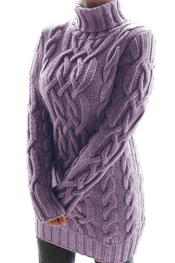 Turtleneck Chunky Knit Solid Mini Sweater Dress Purple