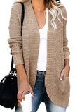 Solid Waffle Knit Open Front Cardigan With Pocket Khaki