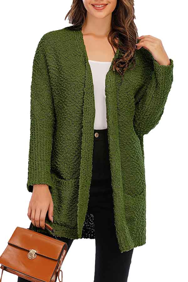 Loose Long Sleeve Plain Furry Sweater Cardigan Olive