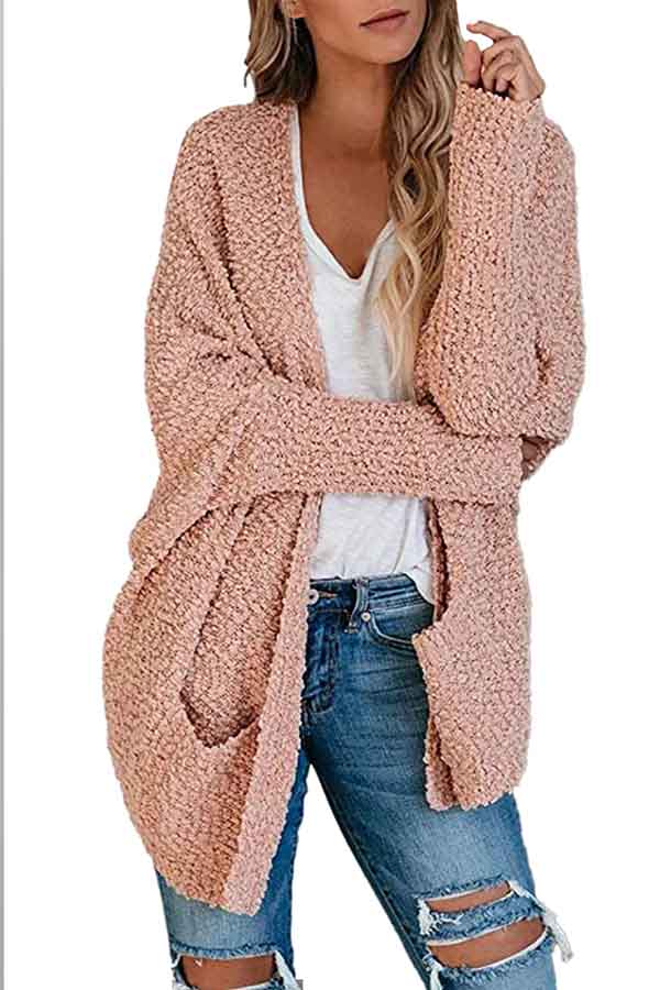 Casual Long Sleeve Pocket Front Furry Cardigan Pink