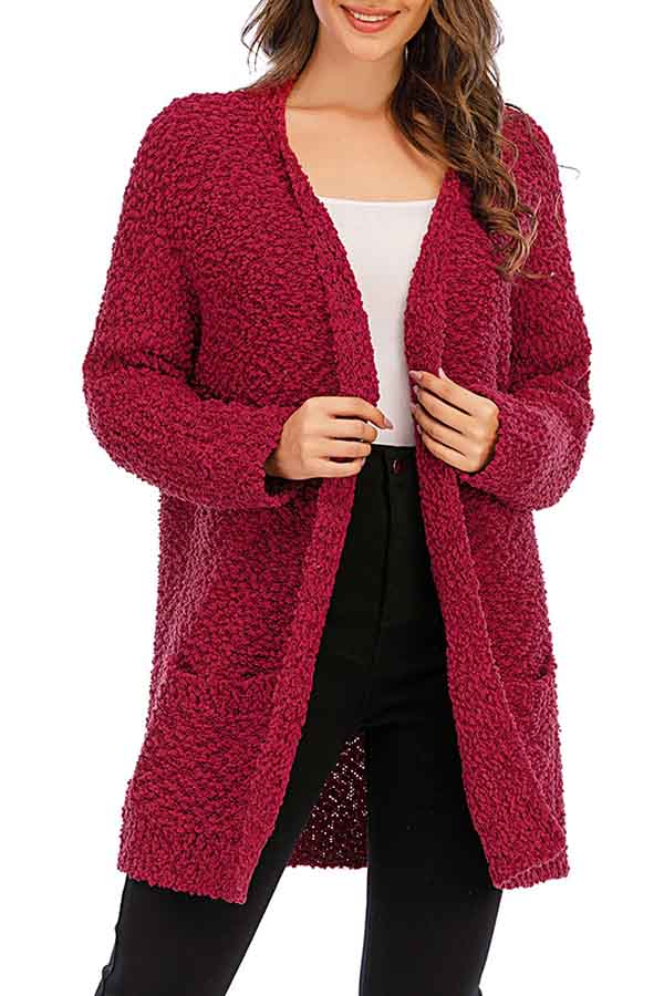 Solid Dolman Sleeve Open Front Furry Cardigan Sweater Red