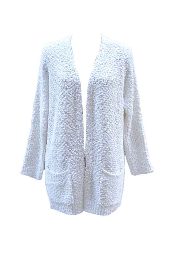 Open Front Long Sleeve Casual Furry Plain Cardigan White