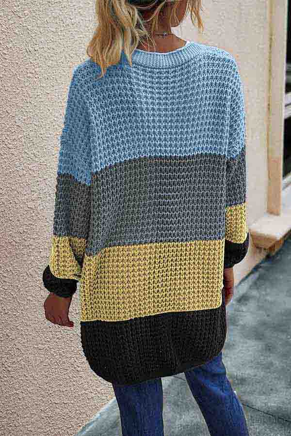 Long Sleeve Color Block Long Cardigan Sweater Blue