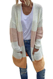 Drop Shoulder Color Block Long Cardigan Beige White