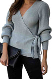 V Neck Tied Ribbed Loose Sweater Gray