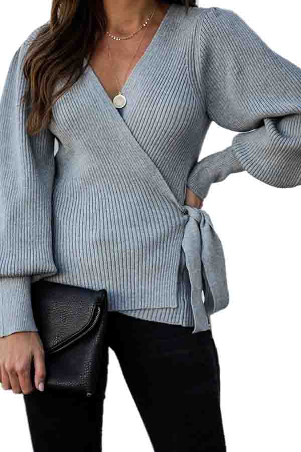V Neck Tied Ribbed Loose Sweater Gray