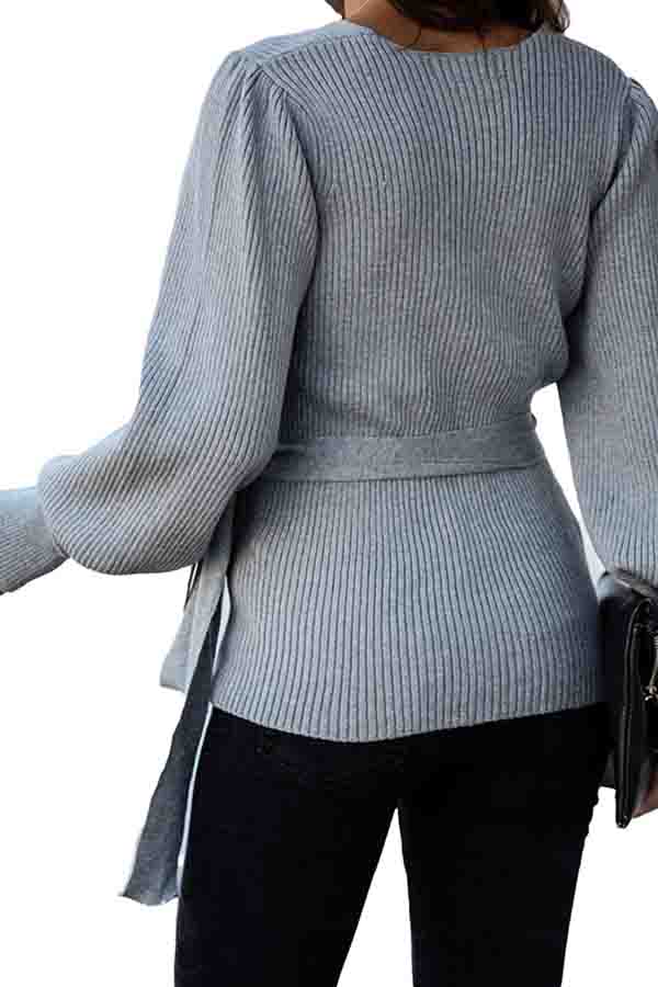 V Neck Tied Ribbed Loose Sweater Gray