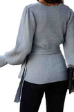 V Neck Tied Ribbed Loose Sweater Gray