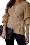 Solid Wrap Bishop Sleeve Cropped Sweater Khaki