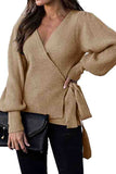 Solid Wrap Bishop Sleeve Cropped Sweater Khaki