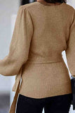 Solid Wrap Bishop Sleeve Cropped Sweater Khaki