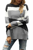 Crew Neck Long Sleeve Color Block Loose Sweater Black