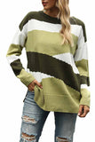 Casual Color Block Knit Pullover Sweater Green