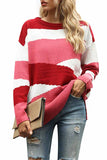 Drop Shoulder Color Block Slit Oversized Sweater Rose Red