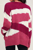 Drop Shoulder Color Block Slit Oversized Sweater Rose Red