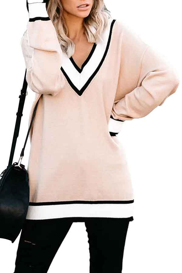 V Neck Long Sleeve Color Block Sweater Apricot
