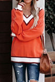 Casual V Neck Long Sleeve Pullover Sweater Tangerine