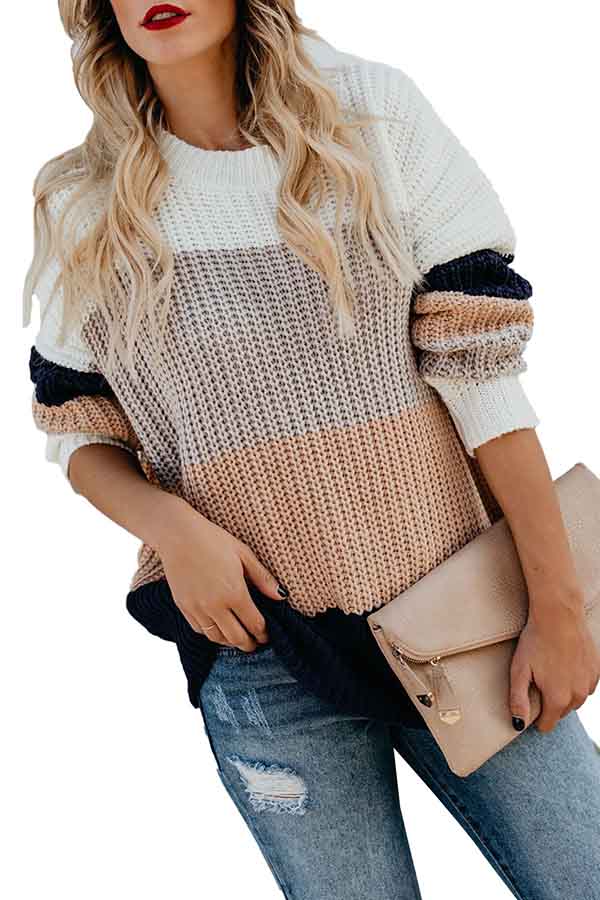 Casual Color Block Cable Knit Oversized Sweater Apricot