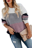 Long Sleeve Cable Knit Striped Pullover Sweater Gray