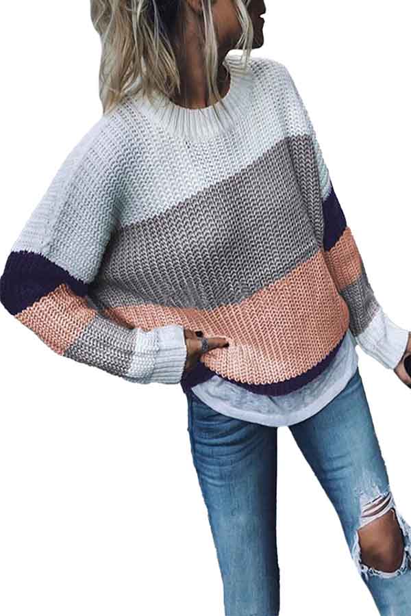 Drop Shoulder Color Block Oversized Sweater Pink