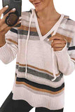 V Neck Striped Color Block Hood Sweater White