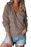 Deep V Neck Crochet Long Sleeve Casual Sweater Brown