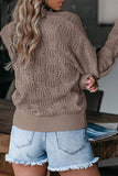 Deep V Neck Crochet Long Sleeve Casual Sweater Brown