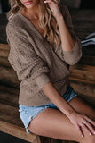 Deep V Neck Crochet Long Sleeve Casual Sweater Brown