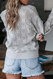 Solid Long Sleeve Faux Wrap Neck Crochet Sweater Grey
