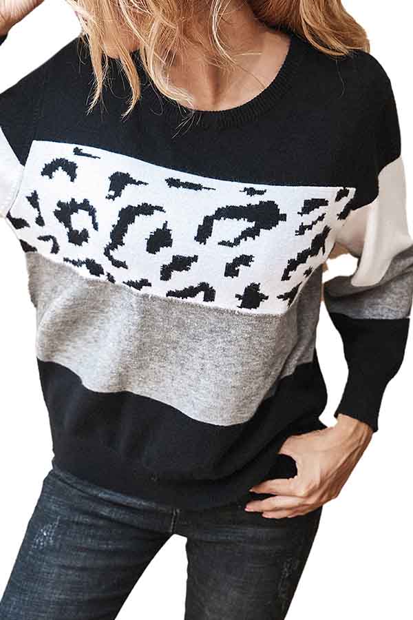 Casual Long Sleeve Color Block Pullover Sweater Black