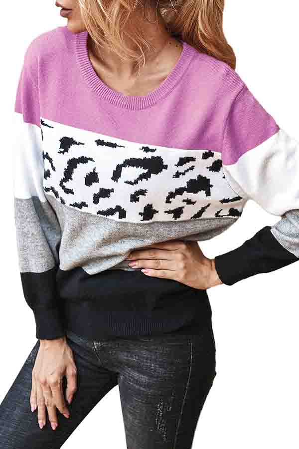 Crew Neck Color Block Long Sleeve Casual Sweater Rose Red