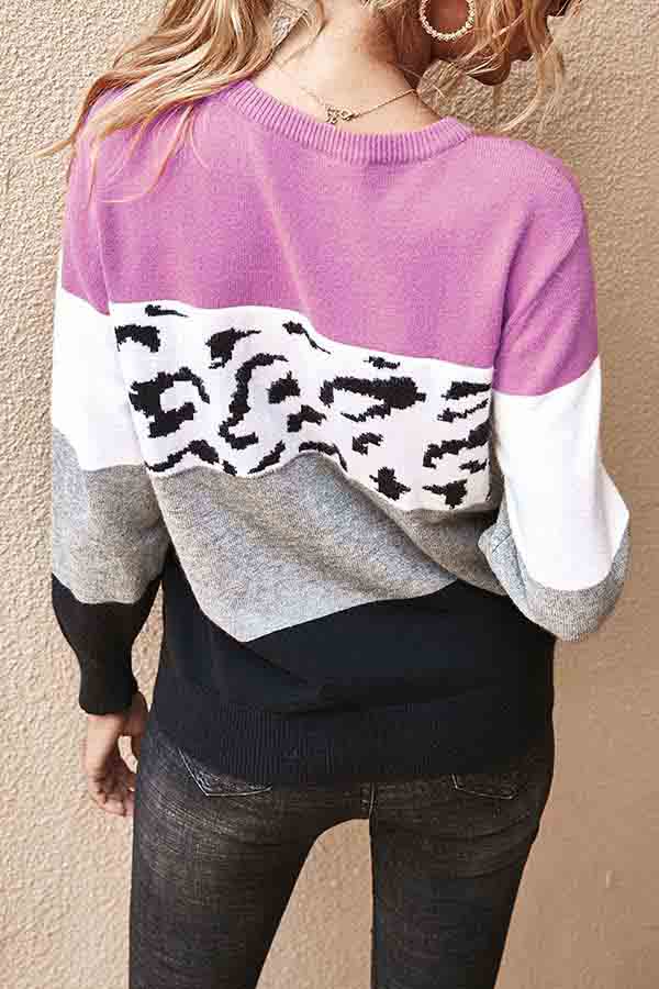 Crew Neck Color Block Long Sleeve Casual Sweater Rose Red