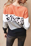 Color Block Long Sleeve Crew Neck Casual Sweater Tangerine
