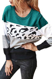 Long Sleeve Crew Neck Color Block Pullover Sweater Turquoise