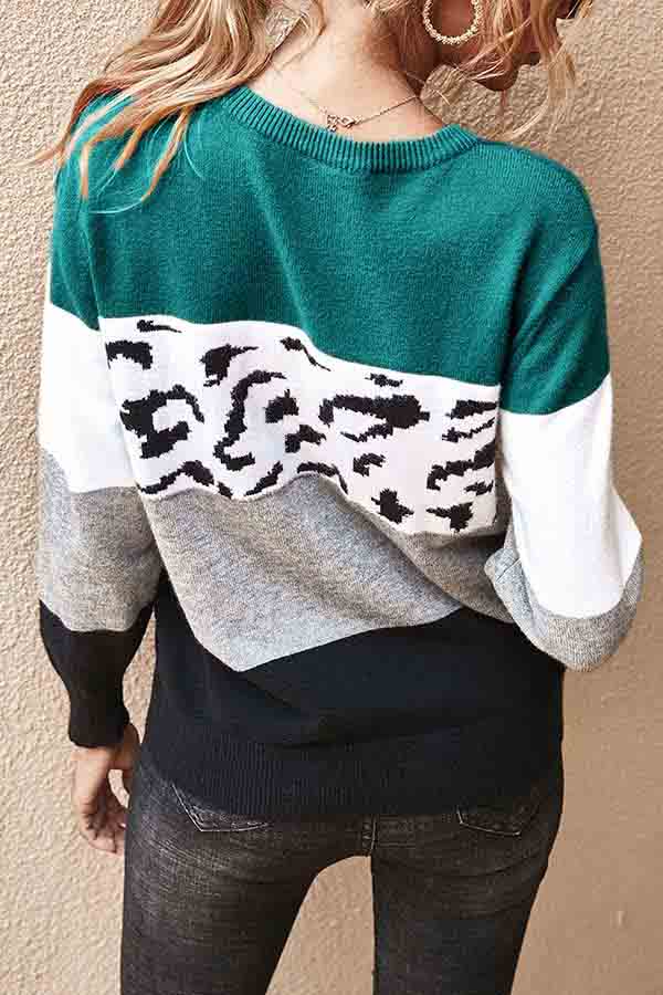 Long Sleeve Crew Neck Color Block Pullover Sweater Turquoise