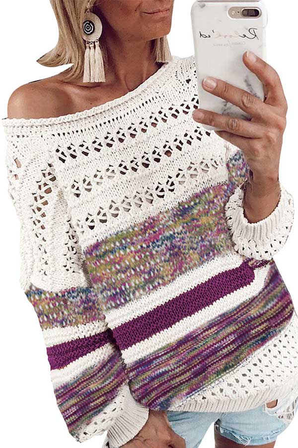 Sexy Color Block Crochet Sweater Purple