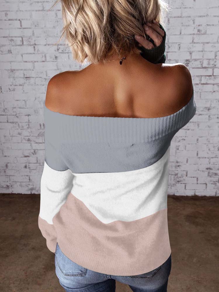 Women's Off Shoulder Color Block Pullover Jumpers