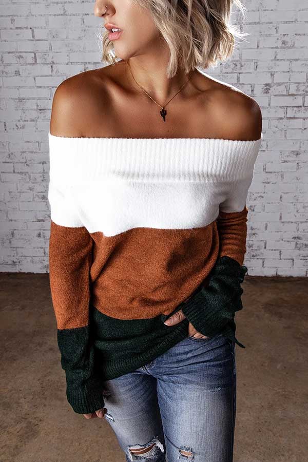 Off Shoulder Long Sleeve Color Block Sweater Coffee