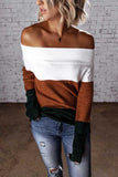 Off Shoulder Long Sleeve Color Block Sweater Coffee