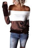 Sexy Off Shoulder Color Block Sweater Khaki